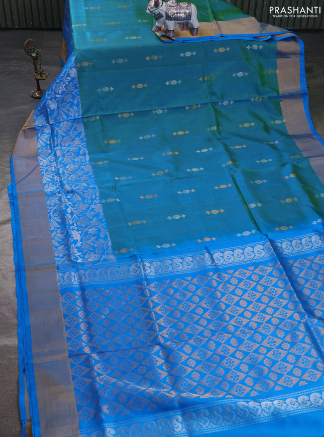 Pure uppada silk saree dual shade of teal bluish green and cs blue with allover silver & zari woven buttas and long zari woven border