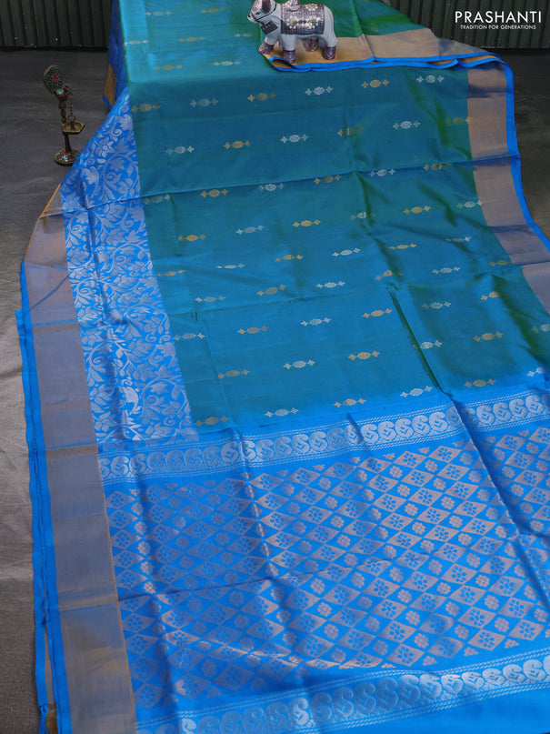 Pure uppada silk saree dual shade of teal bluish green and cs blue with allover silver & zari woven buttas and long zari woven border