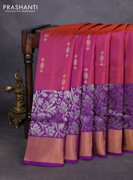Pure uppada silk saree dual shade of rust and purple with allover silver & zari woven buttas and long zari woven border