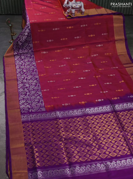 Pure uppada silk saree dual shade of rust and purple with allover silver & zari woven buttas and long zari woven border