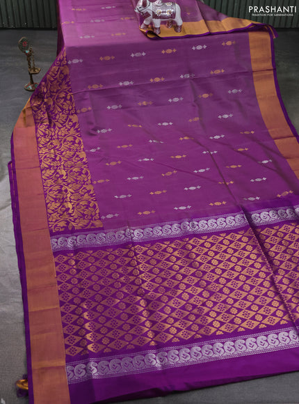 Pure uppada silk saree purple shade and purple with allover silver & zari woven buttas and long zari woven border