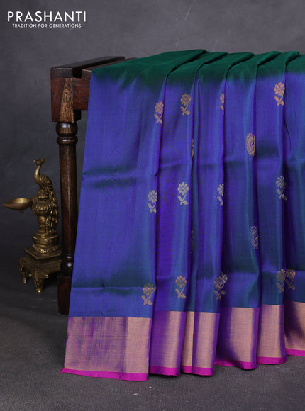 Pure uppada silk saree dual shade of bluish green and pink with allover silver & zari woven buttas and zari woven border