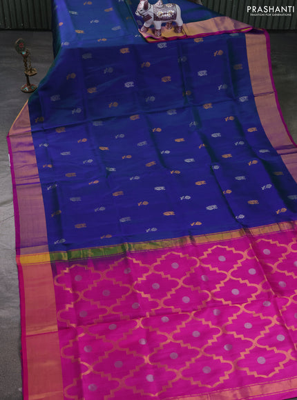 Pure uppada silk saree dual shade of bluish green and pink with allover silver & zari woven buttas and zari woven border