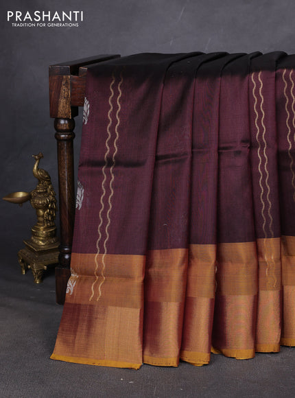 Pure uppada silk saree coffee brown and mustard yellow with allover zari stripe & buttas and zari woven border