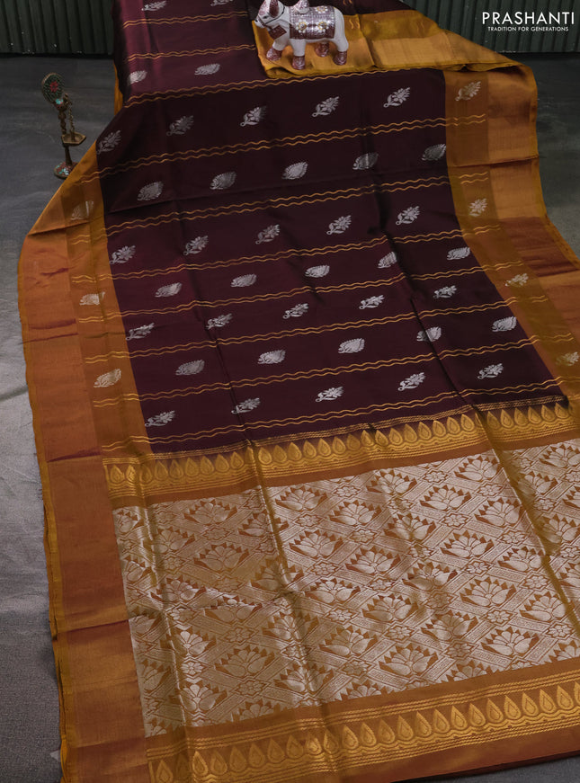 Pure uppada silk saree coffee brown and mustard yellow with allover zari stripe & buttas and zari woven border