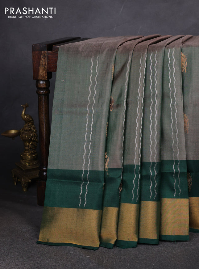 Pure uppada silk saree dual shade of green and bottle green with allover zari stripe & buttas and zari woven border