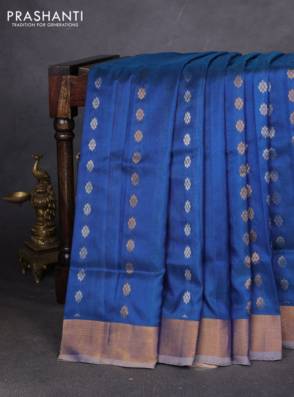 Pure uppada silk saree peacock blue and beige with allover silver & zari woven buttas and zari woven simple border