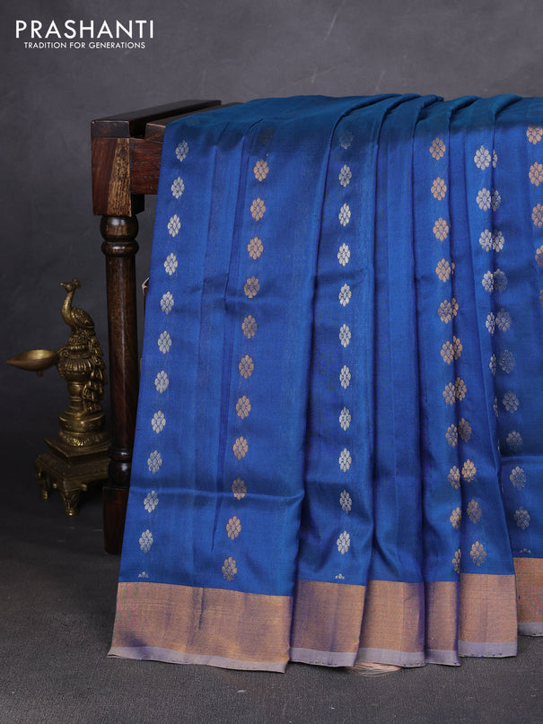 Pure uppada silk saree peacock blue and beige with allover silver & zari woven buttas and zari woven simple border