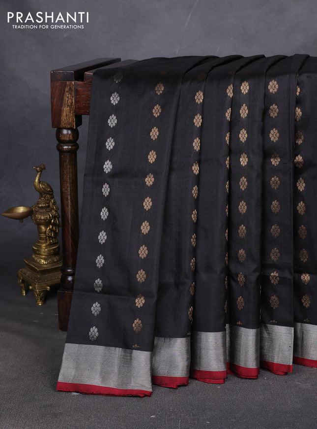 Pure uppada silk saree black and maroon with allover silver & zari woven buttas and zari woven simple border