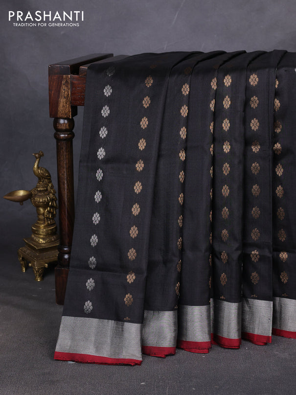 Pure uppada silk saree black and maroon with allover silver & zari woven buttas and zari woven simple border