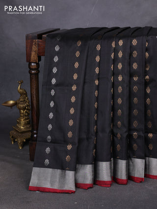 Pure uppada silk saree black and maroon with allover silver & zari woven buttas and zari woven simple border