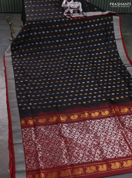 Pure uppada silk saree black and maroon with allover silver & zari woven buttas and zari woven simple border