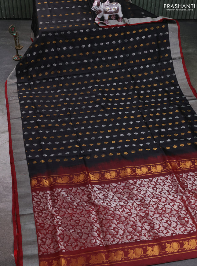 Pure uppada silk saree black and maroon with allover silver & zari woven buttas and zari woven simple border