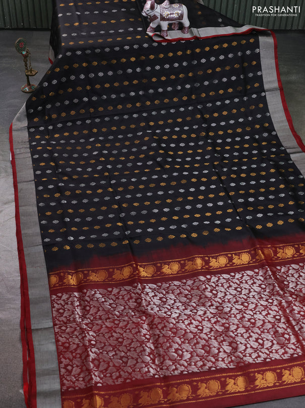 Pure uppada silk saree black and maroon with allover silver & zari woven buttas and zari woven simple border