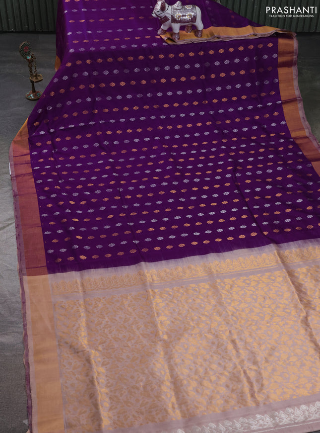 Pure uppada silk saree purple and beige with allover silver & zari woven buttas and zari woven simple border