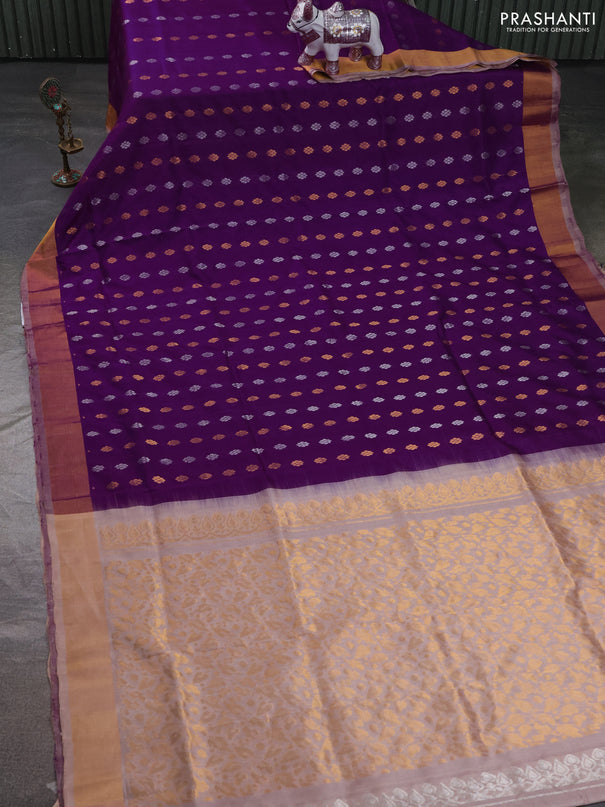 Pure uppada silk saree purple and beige with allover silver & zari woven buttas and zari woven simple border