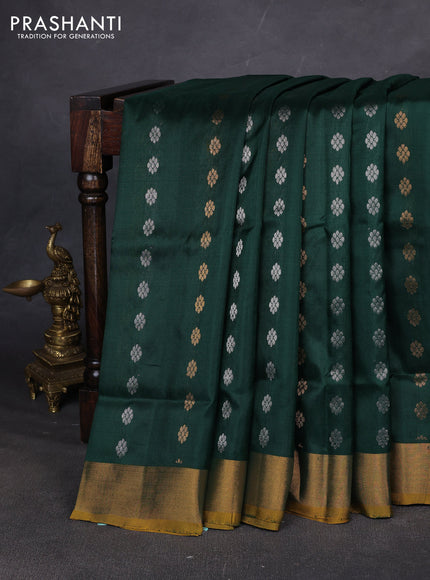 Pure uppada silk saree bottle green and mustard yellow with allover silver & zari woven buttas and zari woven simple border