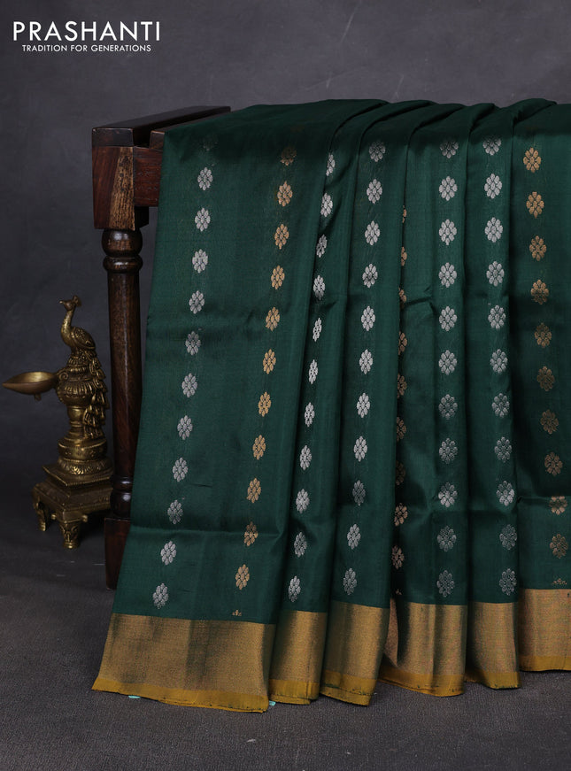 Pure uppada silk saree bottle green and mustard yellow with allover silver & zari woven buttas and zari woven simple border