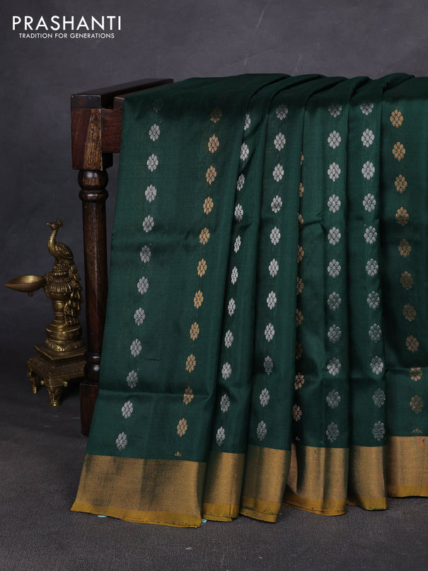 Pure uppada silk saree bottle green and mustard yellow with allover silver & zari woven buttas and zari woven simple border
