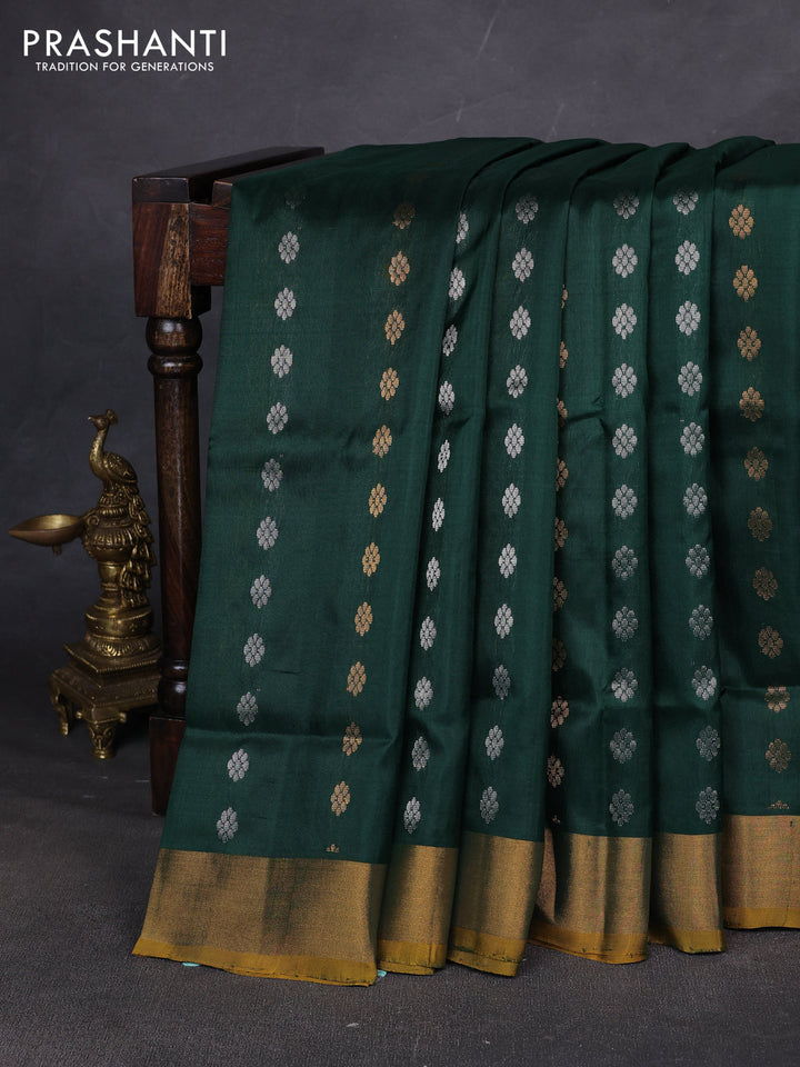 Pure uppada silk saree bottle green and mustard yellow with allover silver & zari woven buttas and zari woven simple border