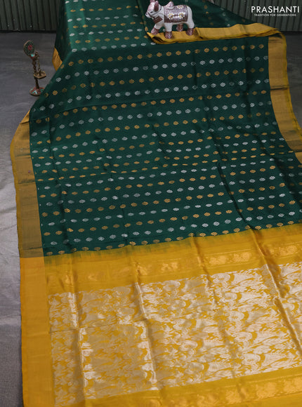 Pure uppada silk saree bottle green and mustard yellow with allover silver & zari woven buttas and zari woven simple border