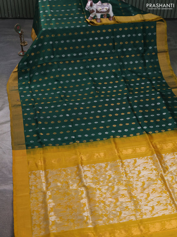 Pure uppada silk saree bottle green and mustard yellow with allover silver & zari woven buttas and zari woven simple border