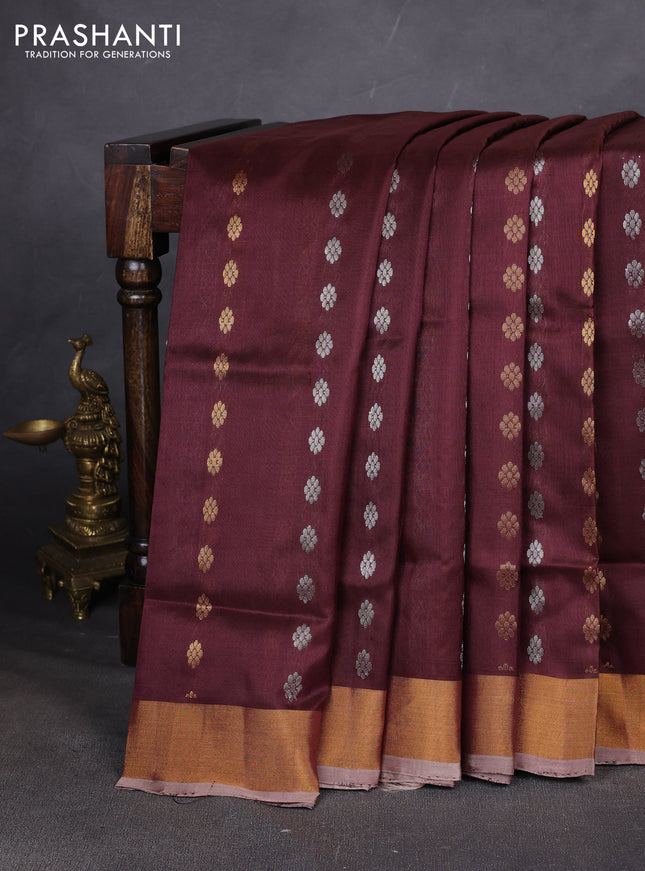 Pure uppada silk saree coffee brown and beige with allover silver & zari woven buttas and zari woven simple border