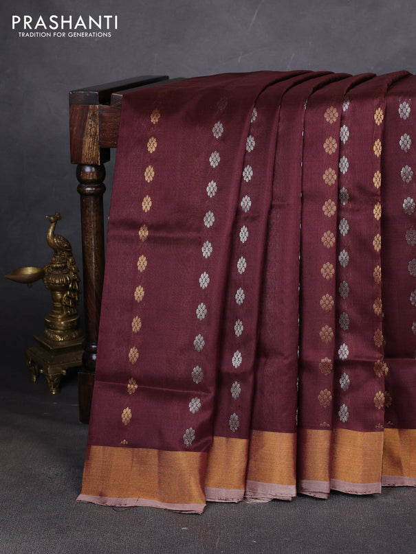 Pure uppada silk saree coffee brown and beige with allover silver & zari woven buttas and zari woven simple border