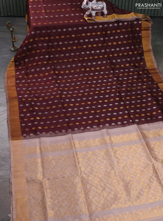 Pure uppada silk saree coffee brown and beige with allover silver & zari woven buttas and zari woven simple border