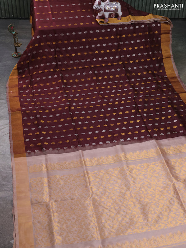 Pure uppada silk saree coffee brown and beige with allover silver & zari woven buttas and zari woven simple border