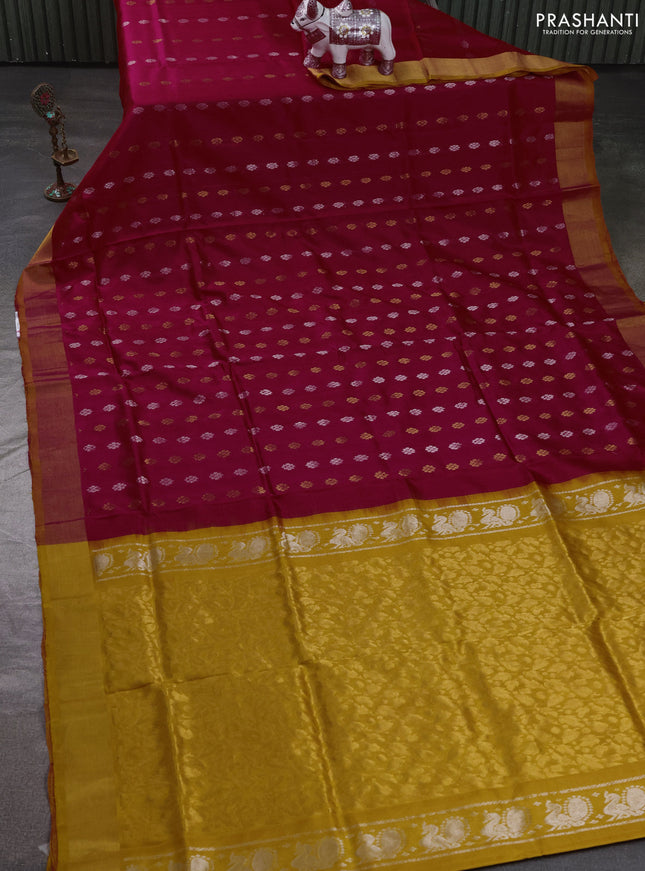 Pure uppada silk saree red and mustard yellow with allover silver & zari woven buttas and zari woven simple border