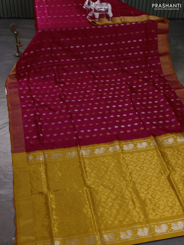 Pure uppada silk saree red and mustard yellow with allover silver & zari woven buttas and zari woven simple border