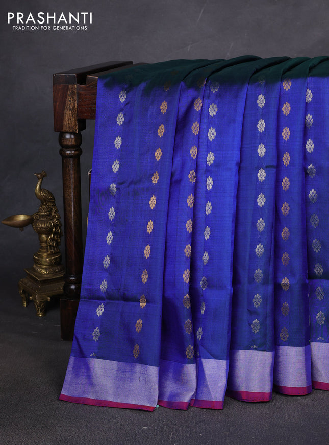Pure uppada silk saree dual shade of bluish green and dual shade of pink with allover silver & zari woven buttas and zari woven simple border