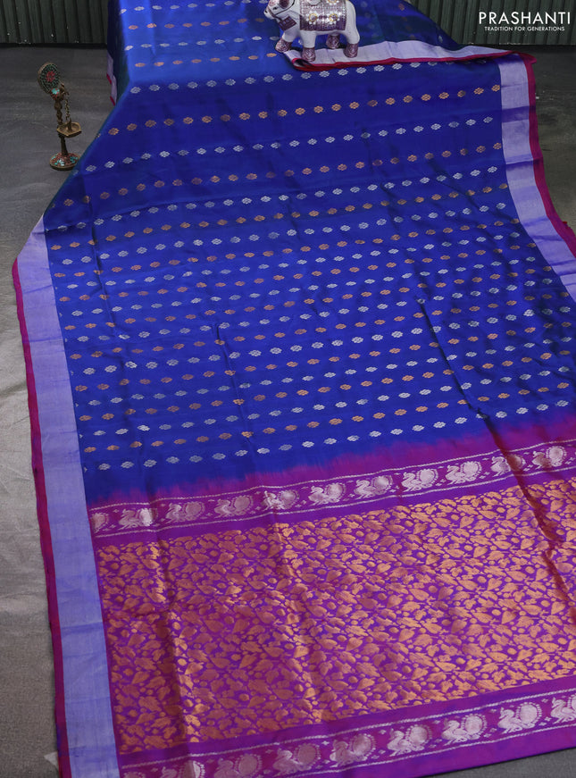 Pure uppada silk saree dual shade of bluish green and dual shade of pink with allover silver & zari woven buttas and zari woven simple border