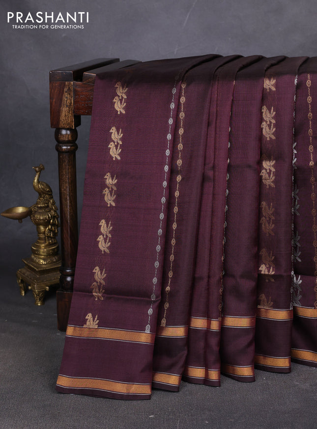 Pure uppada silk saree coffee brown with allover silver & zari weaves & buttas and rettapet zari woven border