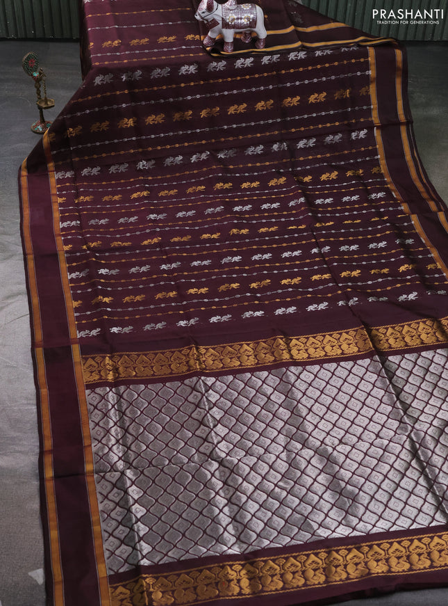 Pure uppada silk saree coffee brown with allover silver & zari weaves & buttas and rettapet zari woven border