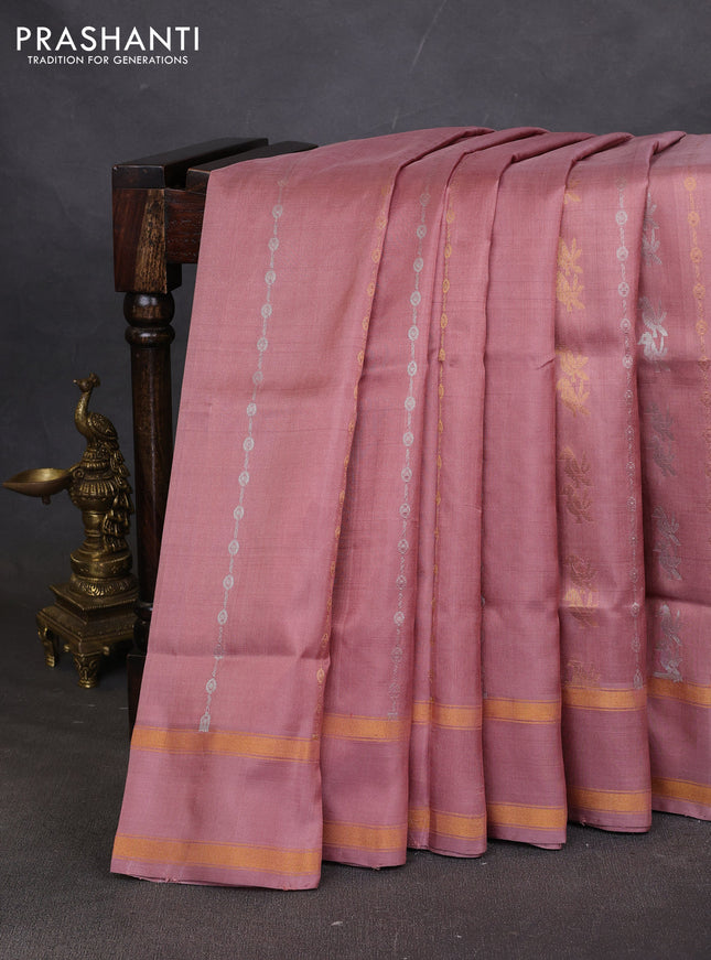 Pure uppada silk saree pastel peach pink with allover silver & zari weaves & buttas and rettapet zari woven border