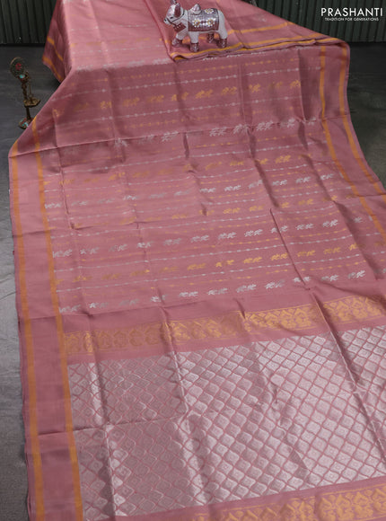 Pure uppada silk saree pastel peach pink with allover silver & zari weaves & buttas and rettapet zari woven border