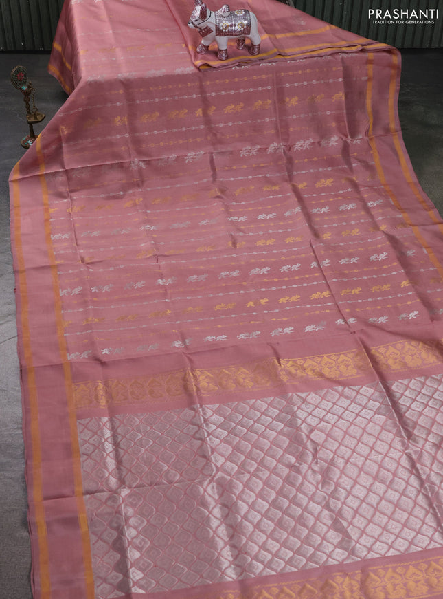 Pure uppada silk saree pastel peach pink with allover silver & zari weaves & buttas and rettapet zari woven border