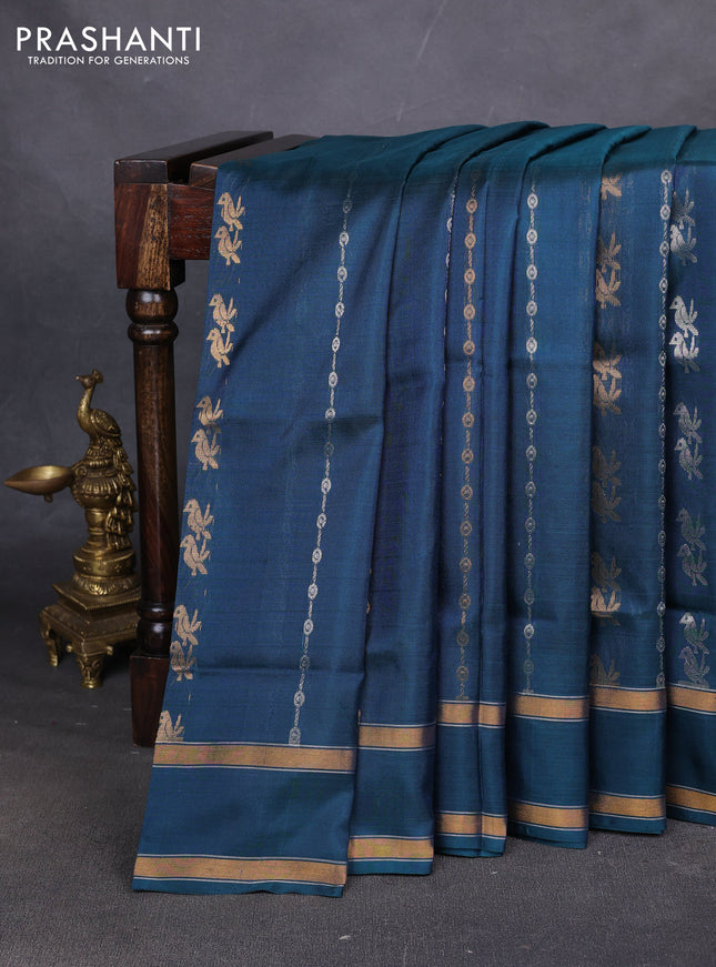 Pure uppada silk saree peacock green with allover silver & zari weaves & buttas and rettapet zari woven border