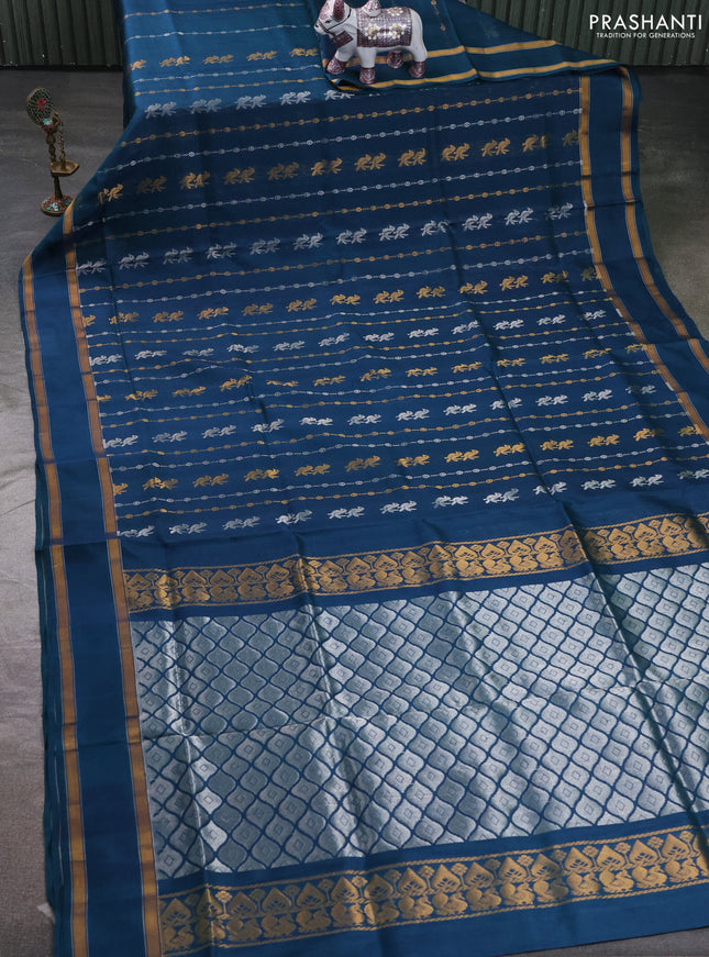 Pure uppada silk saree peacock green with allover silver & zari weaves & buttas and rettapet zari woven border