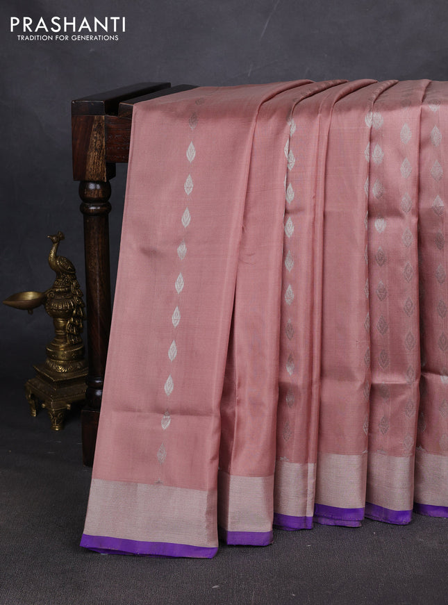 Pure uppada silk saree pastel peach and royal blue with allover zari woven buttas and zari woven border
