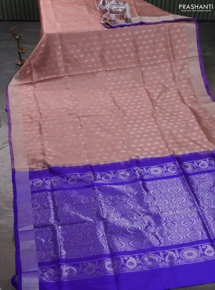 Pure uppada silk saree pastel peach and royal blue with allover zari woven buttas and zari woven border