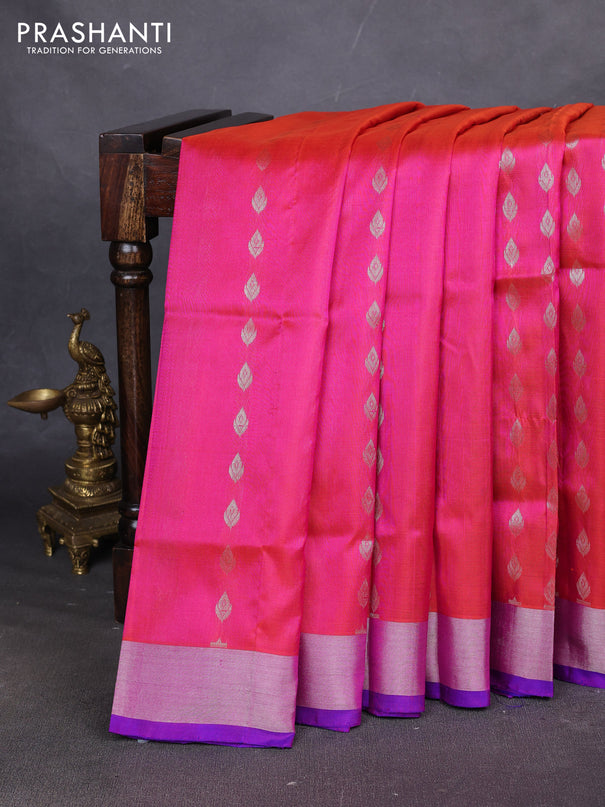 Pure uppada silk saree dual shade of pink  and royal blue with allover zari woven buttas and zari woven border