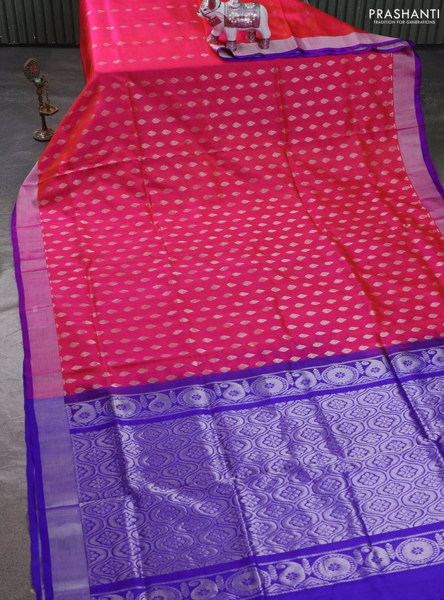 Pure uppada silk saree dual shade of pink  and royal blue with allover zari woven buttas and zari woven border