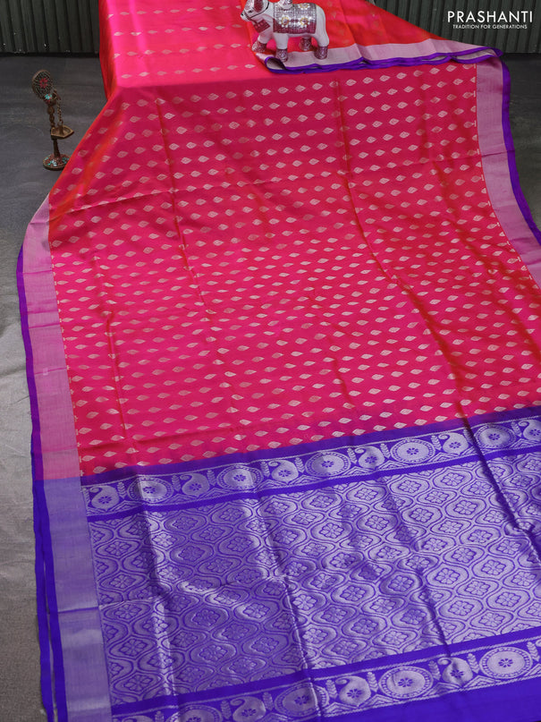Pure uppada silk saree dual shade of pink  and royal blue with allover zari woven buttas and zari woven border