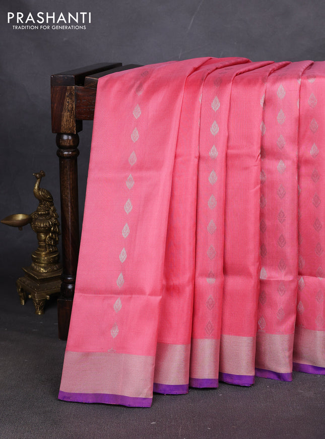 Pure uppada silk saree peach pink and royal blue with allover zari woven buttas and zari woven border