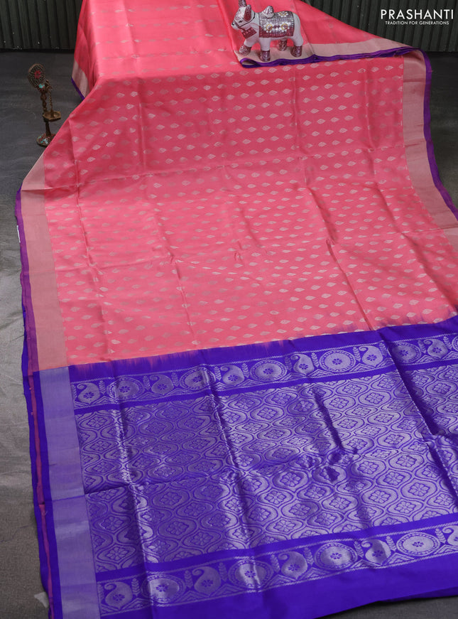 Pure uppada silk saree peach pink and royal blue with allover zari woven buttas and zari woven border
