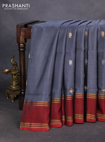 Pure uppada silk saree grey and rust shade with allover silver & zari woven buttas and rettapet zari woven border