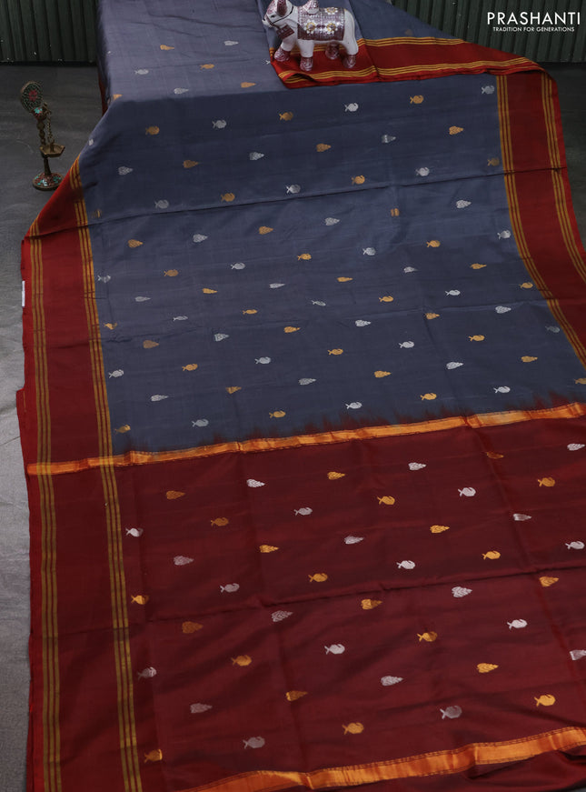 Pure uppada silk saree grey and rust shade with allover silver & zari woven buttas and rettapet zari woven border